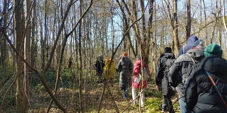 Gruppe von Menschen in Winterkleidung wandert auf einem schmalen Waldweg zwischen kahlen Bäumen