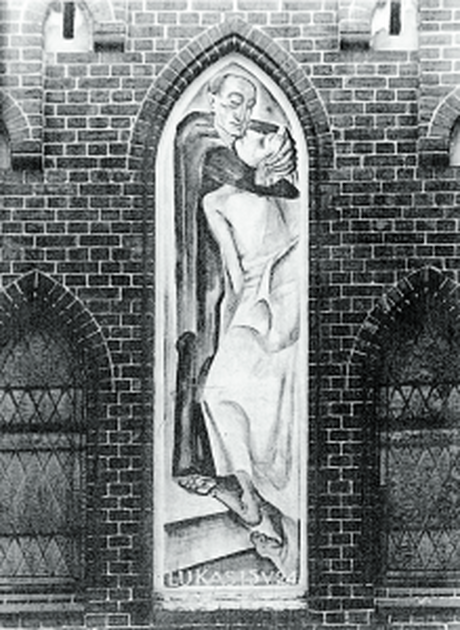 Bild „Der verlorene Sohn“ über dem Eingangsportal der Alten Pankower Pfarrkirche