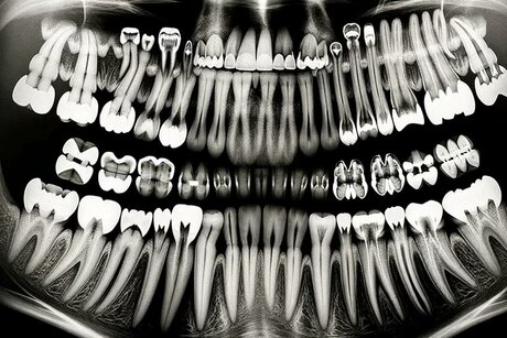 Collage einer frontalen Röntgenaufnahme eines menschlichen Gebisses.