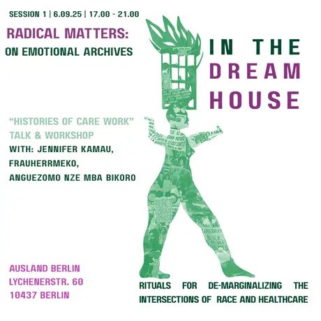 Flyer of the event with the same information as written on the website in green and pink. Additionally there is a figure in profile, here arms are raised, she is carrying a prison window on her head, there are flames coming out of the window, the who