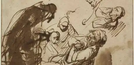 Rembrandt Harmensz van Rijn, Der klagende Jakob, dem der blutige Rock Jakobs gezeigt wird, Detail, um 1635/37, Feder und Pinsel in Braun, Deckweiß auf Papier