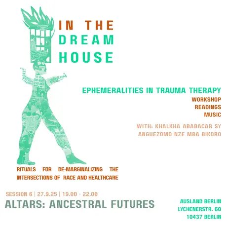 Flyer of the event with the same information as written on the website in green and pink. Additionally there is a figure in profile, her arms are raised, she is carrying a prison window on her head, there are flames coming out of the window, the whol