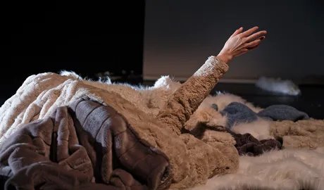 Auf dem Bild zu sehen ist ein kleiner Haufen aus verschiedenen Pelzen und einem Schaffell auf einer Bühne. Daraus ragt, offenbar auch in einen dieser Pelze gekleidet, der Arm einer Person, deren Körper wohl unter den Pelzen liegt. Die Pelze sind, bis