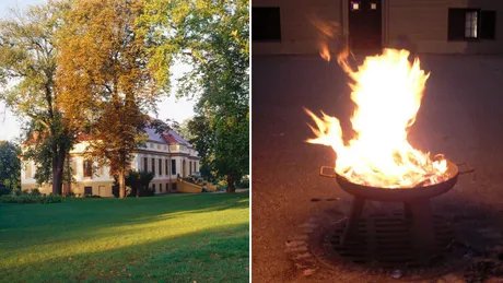 Außenansicht von Schloss Caputh und Feuerschale