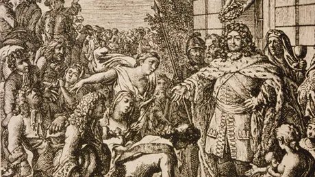 Daniel Nikolaus Chodowiecki: Der Große Kurfürst empfängt die Glaubensflüchtlinge in seinen Staaten, Radierung, Abb. aus: Erman/Reclam, Mémoires pour servis à l’histoire des refugiés dans les Etats du Roi, Bd. 1, Berlin 1782