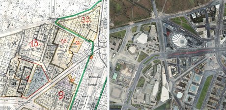 Zwei Mal der gleiche Blick auf das mittlere Tiergartenviertel: Links Kartierung der Bereichserklärungen des Generalbauinspektors für die Reichshauptstadt, 1939; rechts Ortholuftbild des heutigen Tiergartenviertels, 2024