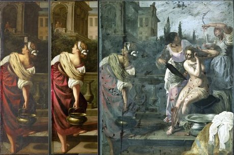 Artemisia Gentileschi, Bathseba im Bade, GK I 5392, verschiedene Zustände während der Restaurierung
