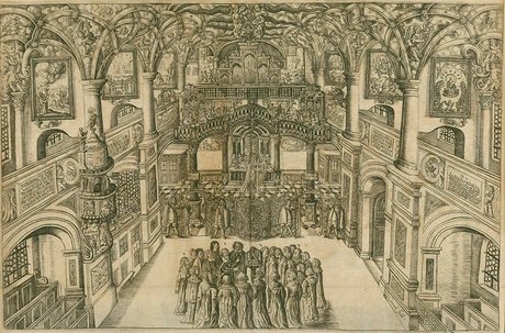 AUS DEM „GEISTREICHEN GE SANGBUCH“ (1676): DRESDNER SCHLOSSKAPELLE MIT HEINRICH SCHÜTZ IM KREISE DER KANTOREI. SEINE JOHANNES-PASSION VON 1666 WURDE IN DEN 1880ER JAHREN VON ARNOLD MENDELSSOHN NEU ARRANGIERT UND BEARBEITET.