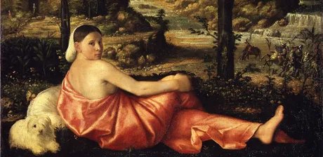 Giovanni Cariani, Bildnis einer ruhenden jungen Frau in einer Landschaft (Detail), ca. 1520/23