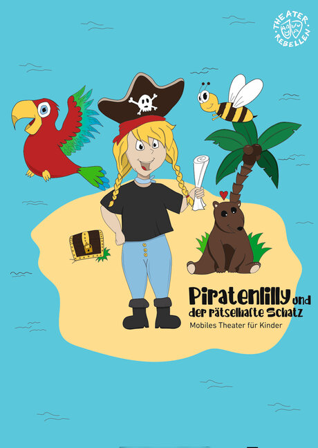 KEY VISUAL Ein Mädchen mit blonden Zöpfen und Piratenhut hält eine Schatzkarte in der Hand. Außerdem stehen befinden sich ein Papagei, ein Bär und eine Biene auf einer Südseeinsel, die von Wasser umgeben ist.