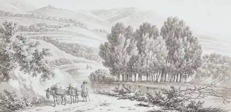 Daniël Dupré, Auf dem Weg von Tivoli nach Vicovaro, 1793, Feder und Pinsel in Braun über Vorzeichnung mit Bleistift