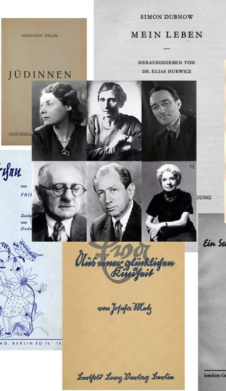Collage aus sechs Schwarz-Weiß-Fotos von drei Männern und drei Frauen und Buchcovern