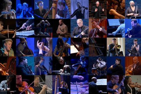 Eine Collage mit 40 Bildern. Diese zeigen verschiedene Musiker:innen des International Contemporary Ensemble beim Spielen ihrer Instrumente.