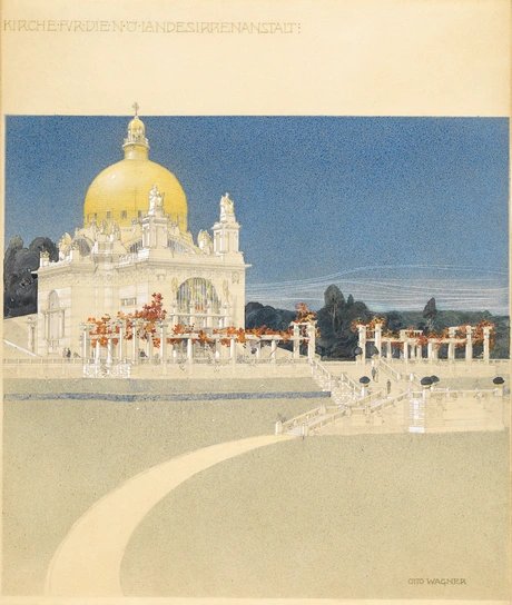 Otto Wagner, Wettbewerbsprojekt für die Kirche St. Leopold am Steinhof, 1902/03, Bleistift, Aquarell, Spritztechnik, Deckfarben, 55,8 × 47 cm