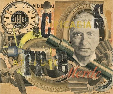 Collage von Raoul Hausmann mit verschiedenen Elementen in gelblichen Farben.