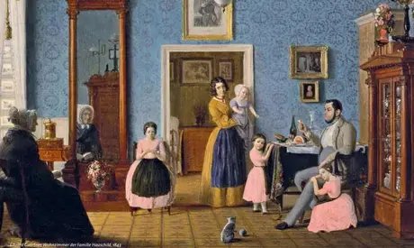 Auf dem Gemälde ist das Wohnzimmer der Familie Hauschild zu sehen, Gemälde von Eduard Gaertner, 1843