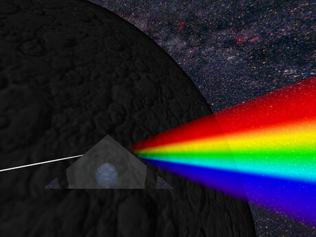 Pink Floyd Zeichen mit Regenbogen, Mond und Dreieck im Weltraum