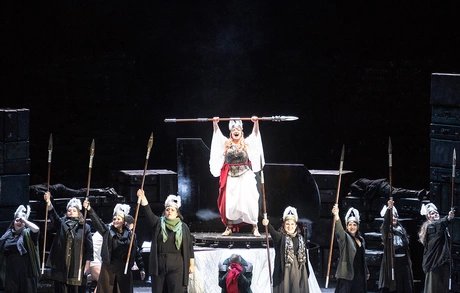 Ricarda Merbeth als Brünnhilde, Flurina Stucki als Helmwige, Felicia Moore als Gerhilde, Maria Motolygina als Ortlinde, Elissa Pfaender als Waltraute, Arianna Manganello als Siegrune, Karis Tucker als Roßweiße, Nicole Piccolomini als Grimgerde, Laure