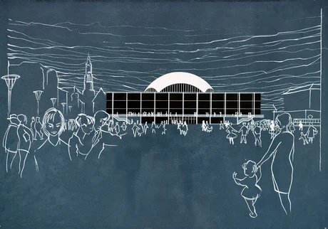 Leopold Wiel, Entwurfskollektiv Wiel mit Klaus Wever, Grafik Angela Waltz. Dresden, Wettbewerb Kulturpalast, 1960, Tusche und Deckweiß auf Farbkarton, 60 × 80 cm