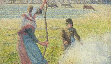 Camille Pissarro: Raureif, eine junge Bäuerin macht Feuer, 1888