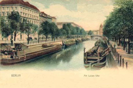 Postkarte Luisenstädtischer Kanal, um 1905, Blick vom Oranienplatz auf das Luisenufer