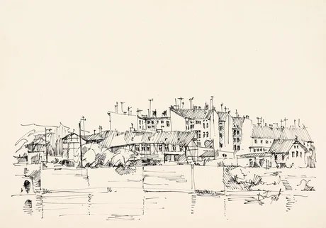 Wolfgang Wähnelt. Magdeburg, Blick über die Elbe nach Buckau, 1986, Tusche auf Papier, 21 × 30 cm