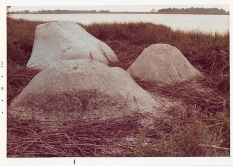 Farbfotografie von drei Betonlandschaftsskulpturen in einer Graslandschaft, dahinter ein Gewässer