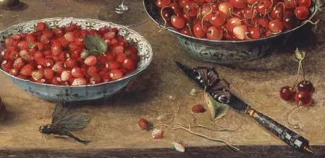 Osias Beert. Stillleben mit Kirschen und Erdbeeren in Porzellanschüsseln (Detail), 1608