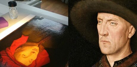 Zwei Porträts Jan van Eycks während der Restaurierung in der Gemäldegalerie