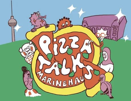 Ein Comic, auf dem eine Pizza zu sehen ist mit dem Titel der Veranstaltung und Comicfiguren, die um die Pizza herumstehen und Stücke abziehen