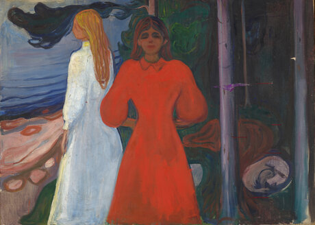 Das Kunstwerk „Rot und Weiß“ von Edvard Munch zeigt zwei Personen, jeweils in einem roten und weißen Kleid.