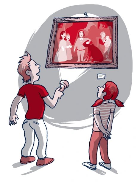 Illustration: Taschenlampenführung durch das Schlossmuseum Oranienburg: Ein Junge und ein Mädchen stehen vor einem Gemälde und leuchten es mit einer Taschenlampe an
