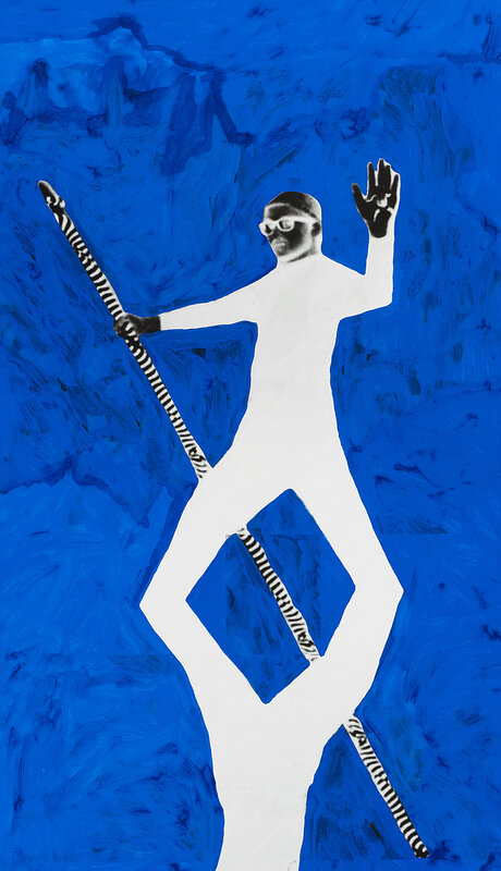 Kunstwerk: Fotoprint einer Person auf Leinwand mit leuchtend blauem Hintergrund