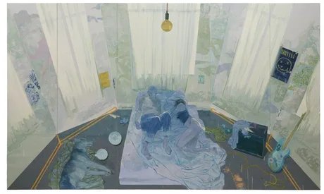 Altbau-Idylle, 2025 Öl und Collage (Mylar) auf Linoleum /  oil and collage (Mylar) on linoleum 280 x 470 cm