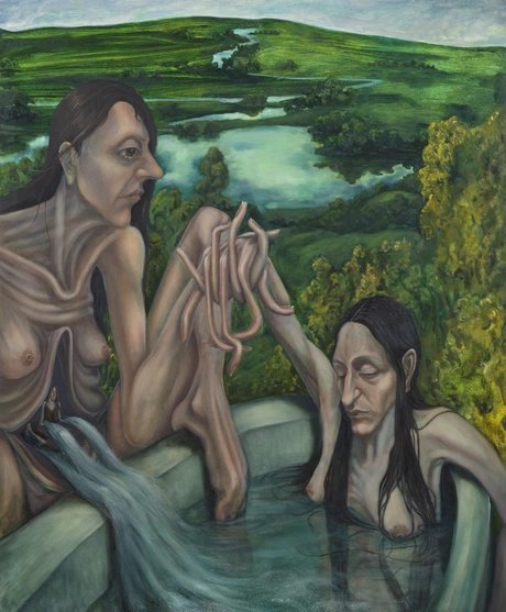 Nour El Saleh, Spoon-feed , 2025, oil on canvas, 168 x 137 cm, 66 1/8 x 54 in, Courtesy of the Artist & GNYP Gallery, Credits Ludger Paffrath