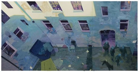 Herbstabend, 2024 Öl und Collage (Mylar) auf Linoleum /  oil and collage (Mylar) on linoleum 277 x 540 cm