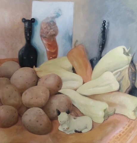 Evelyn Bauer, Kartoffeln und Allerlei, 2004, Tempera auf LW, 60x80cm