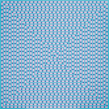 horst bartnig, 1134 unterbrechungen - quadrate in blau, streifen in hellrot in grüner spirale, 2007, Acryl auf Leinwand, 200 × 200 cm