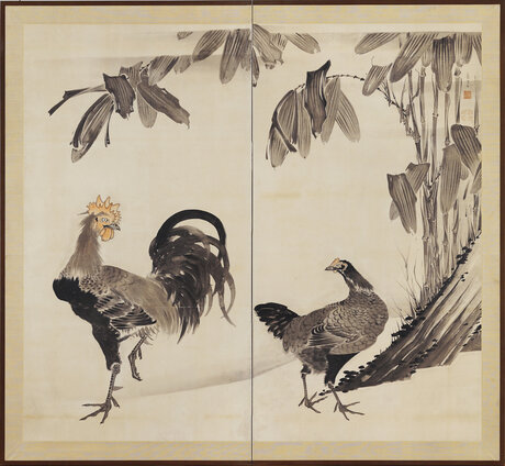 Hühner und Bambus, Zweiteiliger Stellschirm, Tusche und leichte Farben auf Papier. Japan, Edo-/Tokugawa-Zeit, 2. Hälfte 18. Jahrhundert