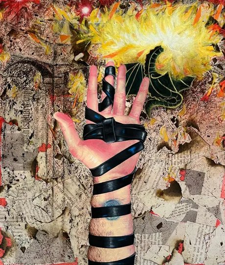 “jüdische Wissenschaft” von heute, 2025, Mixed media collage, acrylic paint, oil pastel, and graphite on watercolor paper; 46 x 39 cm