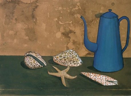 Ernst Schroeder, Schneckengehäuse, Seestern und Kanne, um 1955, Beize, Tusche und Wasserfarben auf braunem Karton, 24,3 x 36 cm