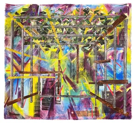 A Temporary Dwelling_2024_Mixed media collage burnt paper acrylic paint and oil pastel on watercolor paper_76x81 cm
