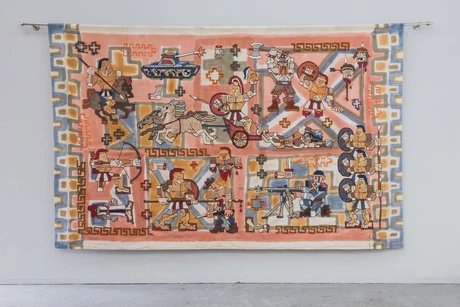 Lillian Morrissey, Achilles Drags Hectors Body Across the Battlefield, 2023 Stickerei und Mixed Media auf Panama-Baumwolle