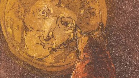 Stephan Klenner-Otto: Murr. Hornugsreuth, 2023 (Ausschnitt)  In der Aquatinta-Radierung des Bamberger Künstlers und Illustrators Stefan Klenner-Otto (geb. 1959) erscheint E.T.A. Hoffmann als Mann im Mond, der liebevoll-streng auf seinen Kater Murr bl