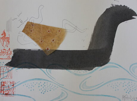 Take the boat, Phoenix und Drache. 2023, Mischtechnik auf Papier, 21 x 28,5 cm