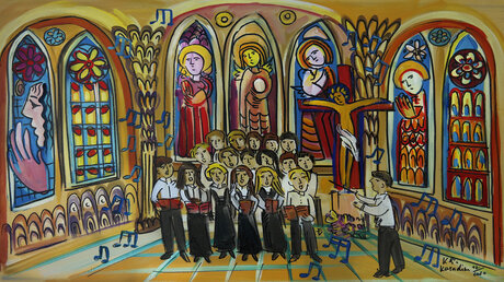Chor singt in Kirche, gemalt.