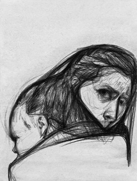 Iryna Vorona, Große Schwester, 2022,  Kohle auf Papier