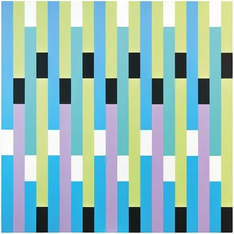 horst bartnig, 30 unterbrechungen in weiß und schwarz, streifen in 4 farben ( blau und grün, violett und gelbgrün), 2004, Acryl auf leinwand, 160 x 160 cm,