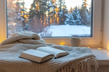 Ein aufgeschlagenes Buch am Fenster liegend vor winterlicher Kulisse