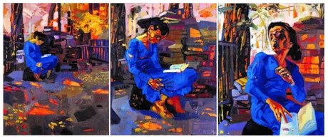 Annette Schröter, Lektüre (Triptychon), 1996, 3 x 150 x 120 cm, Öl auf Leinwand